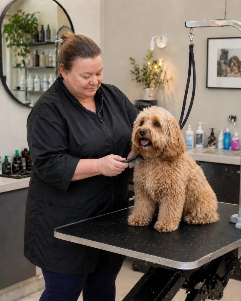 Joanne gently grooming a dog in The Floof Spa studio